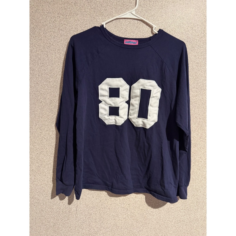 Edikted Navy Blue 80 Graphic Long Sleeve Tee Shirt XS Cotton Raglan Streetwear